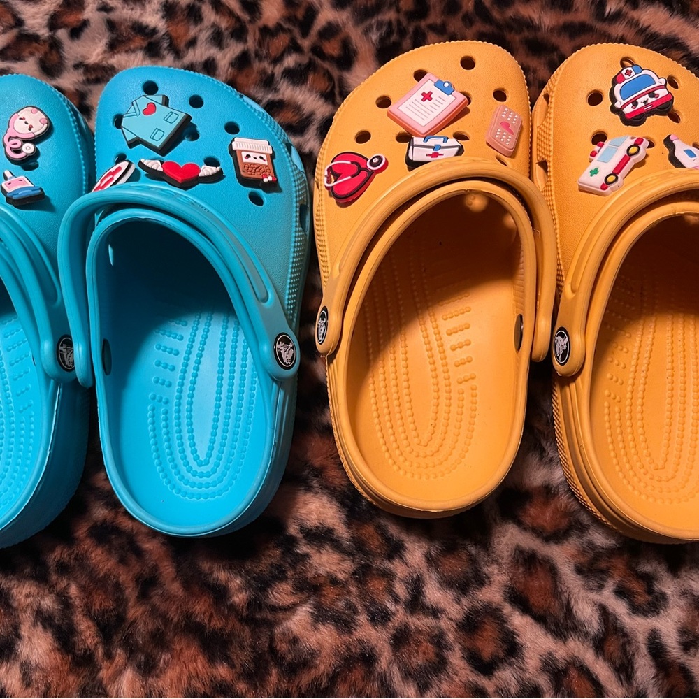 CROCS Turquoise and Mustard Slippers with Whimsical Charms